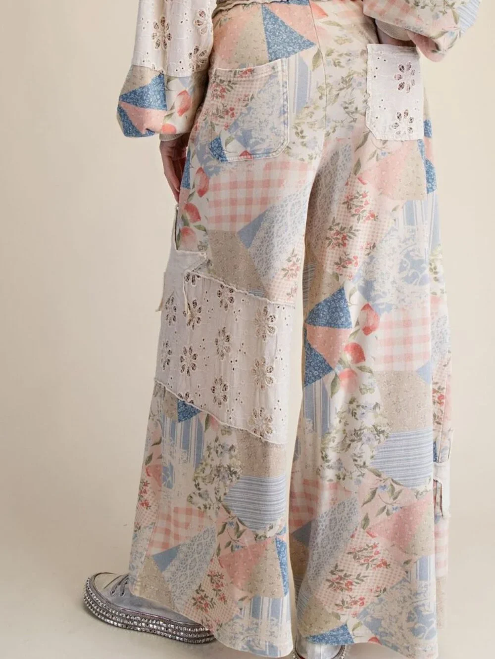 EASEL PATCHWORK PRINT WASHED COTTON TERRY TOP PANTS SET white blue pink lounge - Picture 7 of 9